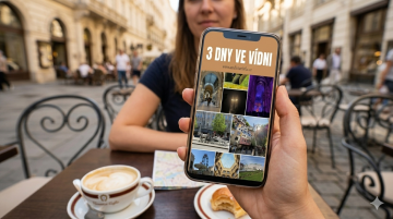 Grafický náhled e-booku 3 dny ve Vídni v displeji mobilního telefonu – 63 stran a 70 autorských fotek