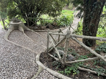 Detail betonových imitací dřeva v parku Grébovka – umělý pařez, schody a zábradlí z betonu