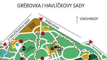 Ručně malovaná ilustrovaná mapa parku Grébovka v Praze jako bonus k audiovýletu