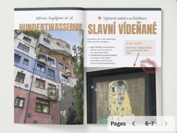 Ukázka vytištěné dvojstrany z e-booku 3 dny ve Vídni – kapitoly o Hundertwasserhausu a obrazu Polibek